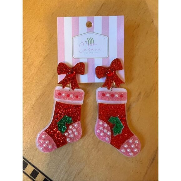 New! Cabana Seaside Christmas Ribbon Socks Stocking Drop Earrings - Picture 1 of 3